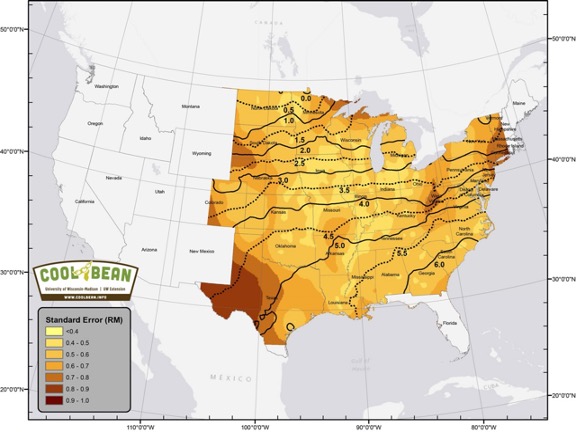 Map of recommended soybean maturity groups in the US