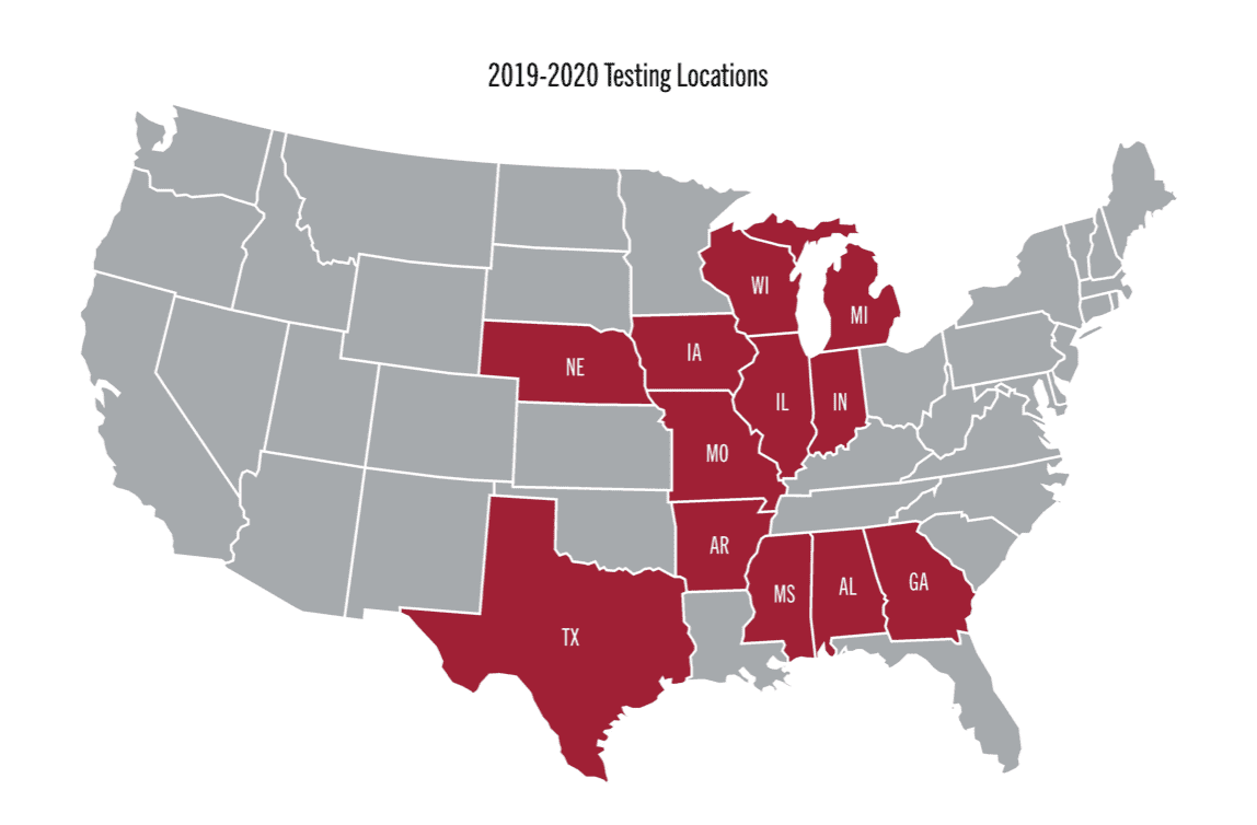 U.S. map highlighing states where trails were conducted
