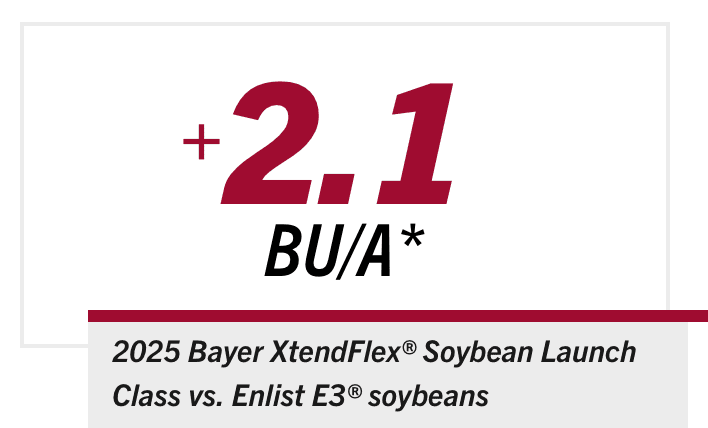 The 2025 Bayer XtendFlex® soybean launch class has shown a 2.1 bu/A advantage vs. Enlist E3® soybeans.