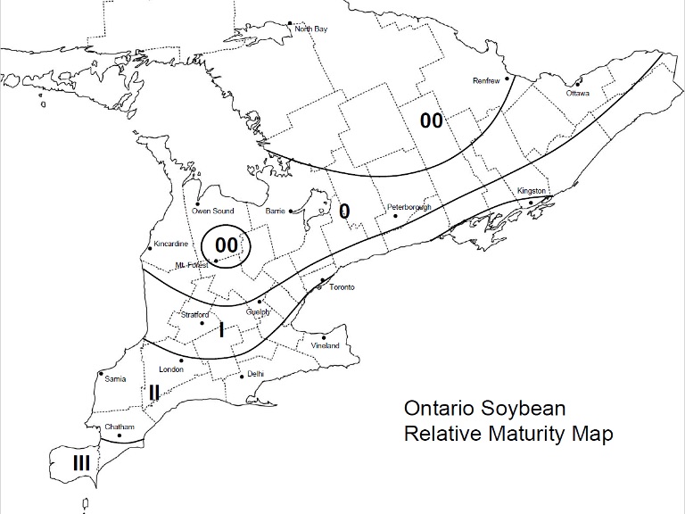 Map of recommended soybean maturity groups in Canada